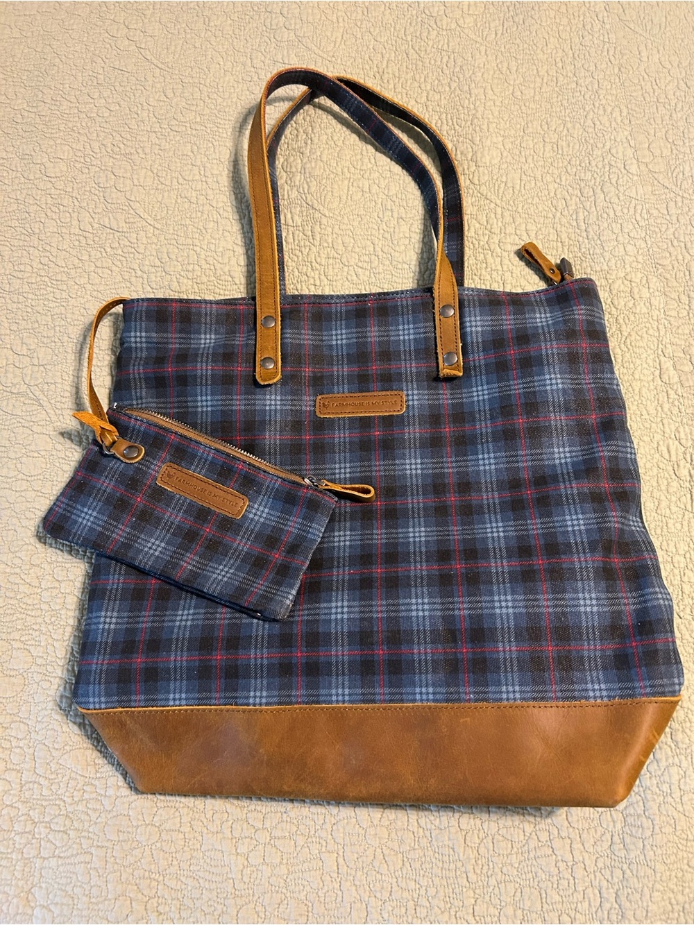 Farmhouse is my style Leather-Trim Plaid Tote Bag with Wristlet - Blue Plaid